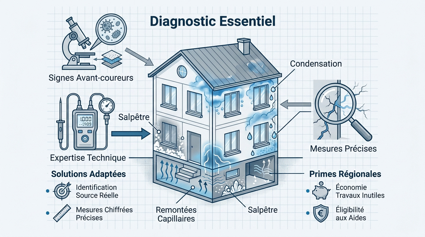 Expert réalisant un diagnostic d'humidité sur un mur dans une maison du Hainaut